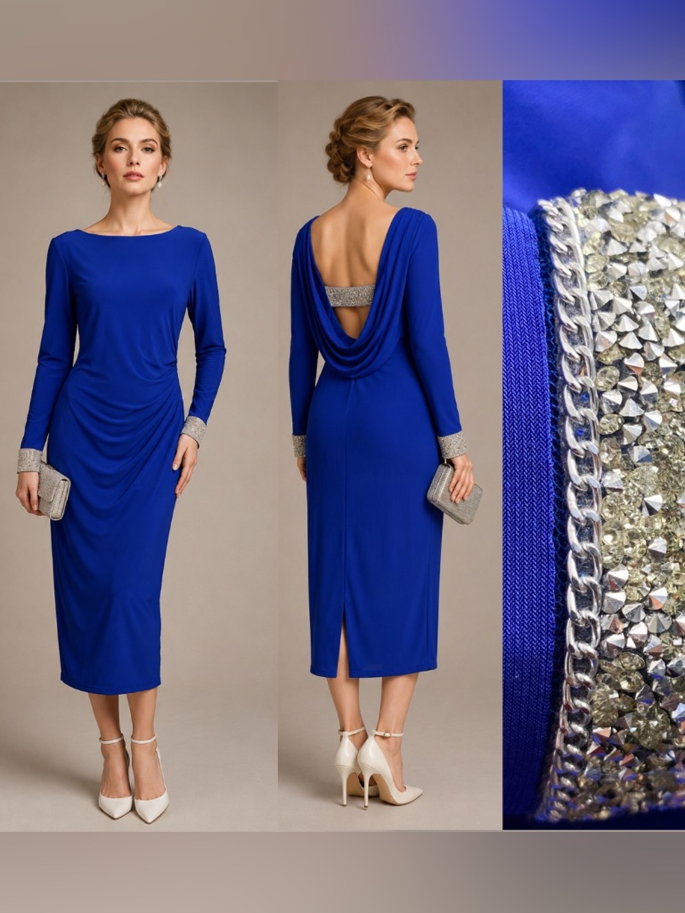 Midi Formal Dress Cobalt Blue Long Sleeve Drape Open Back Rhinestone Cowl Ruched
